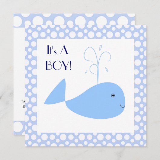 キュートブルーホエール水玉模様男の赤ちゃんシャワー 招待状 (正面/裏面)