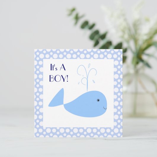 キュートブルーホエール水玉模様男の赤ちゃんシャワー 招待状 (スタンド正面)