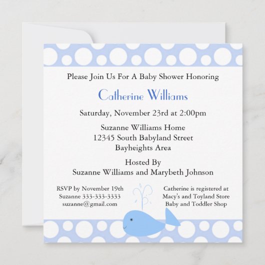 キュートブルーホエール水玉模様男の赤ちゃんシャワー 招待状 (裏面)