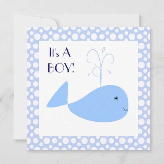 キュートブルーホエール水玉模様男の赤ちゃんシャワー 招待状 (正面)