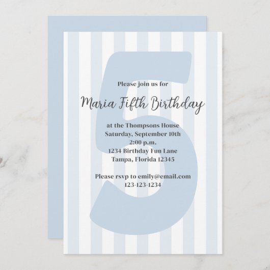 キュートブルーボーイフィフス誕生日お洒落誕生日 招待状 (正面/裏面)