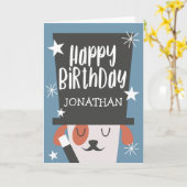 キュートブルーマジカルドッグ誕生日 | 名前の追加 カード (黄色い花)