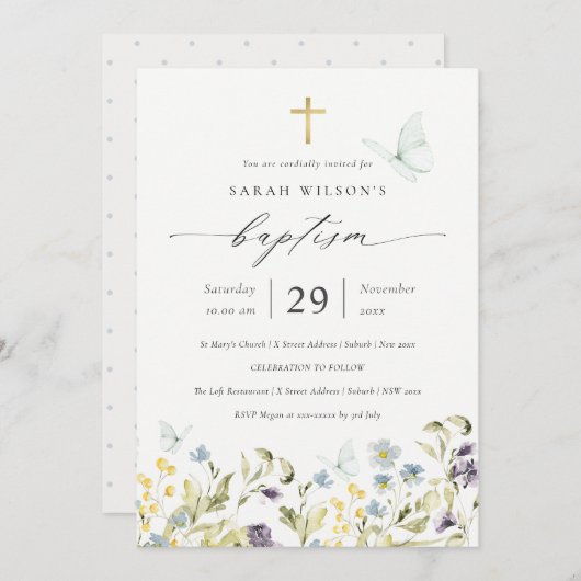 キュートブルーメドウフローラバタフライバプテスマ招待状 サンキューカード (正面/裏面)