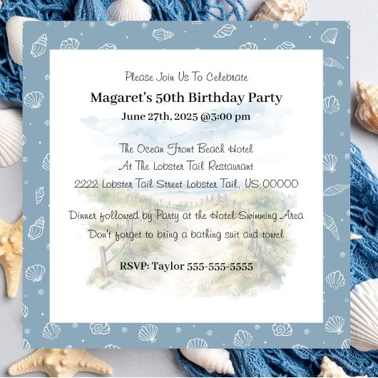 キュートブルーモダンビーチパーティー誕生日招待状 招待状