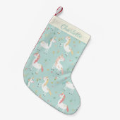 キュートブルーユニコーン金ゴールドグリッターフローラ パーソナライズされた スモールクリスマスストッキング (正面 (吊り時))