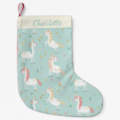 キュートブルーユニコーン金ゴールドグリッターフローラ パーソナライズされた スモールクリスマスストッキング (正面)