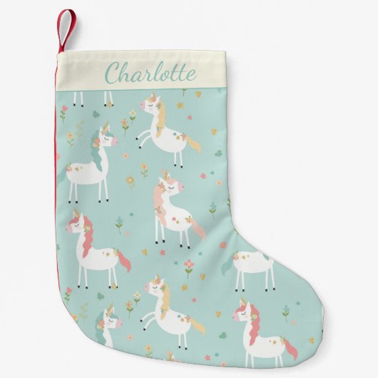 キュートブルーユニコーン金ゴールドグリッターフローラ パーソナライズされた スモールクリスマスストッキング (正面)