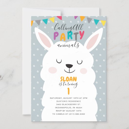 キュートブルーラマおもしろいフィエスタバースデーパーティー マグネット招待状 (正面)