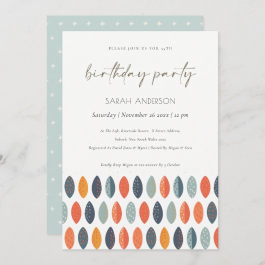 キュートブルーリーフィタニカルエイジ誕生日招待状 サンキューカード (正面/裏面)