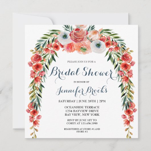 キュートブルーレトロガーデンフローラブライダルシャワー 招待状 (正面)