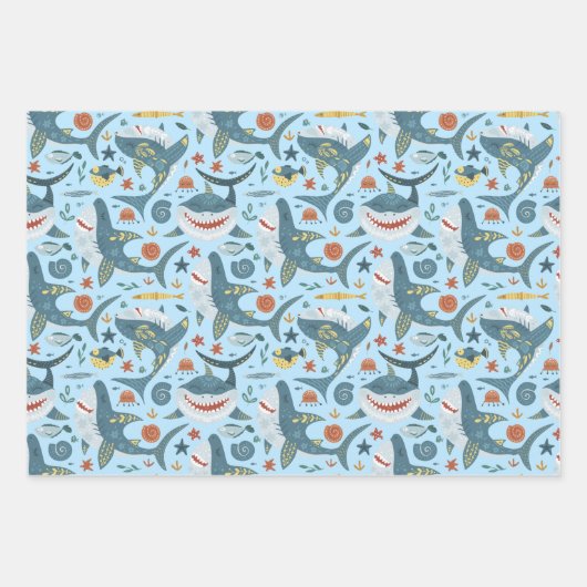 キュートブルー海ベビーサメ子供の誕生日ボーイギフト ラッピングペーパーシート (正面2)