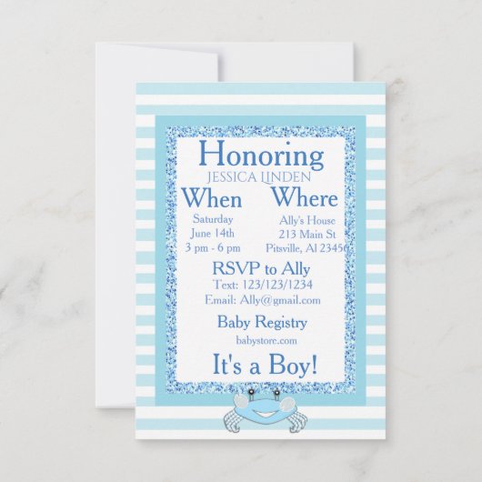 キュートブルー男の赤ちゃんカニビーチイシャワー招待状 招待状 (裏面)