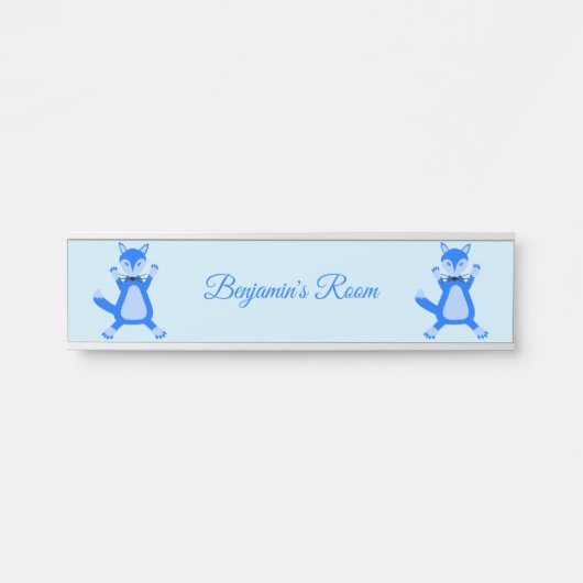 キュートブルー男の赤ちゃんキツネ名前をカスタムする サインプレート (正面)