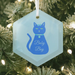 キュートブルー男の赤ちゃんキャットカスタム初めてのクリスマス ガラスオーナメント