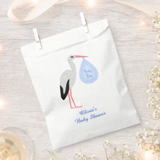 キュートブルー男の赤ちゃんストークカスタムベビーシャワー フェイバーバッグ (クリップ留めされた状態)