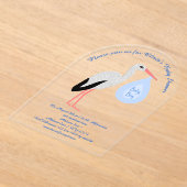 キュートブルー男の赤ちゃんストークベイビーシャワーカスタム アクリル招待状 (レイダウン)