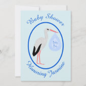 キュートブルー男の赤ちゃんストークベイビーシャワーカスタム 招待状 (正面)