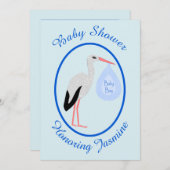 キュートブルー男の赤ちゃんストークベイビーシャワーカスタム 招待状 (正面/裏面)