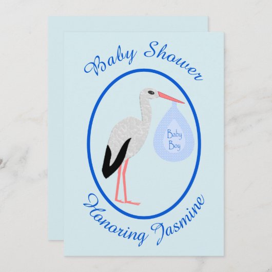 キュートブルー男の赤ちゃんストークベイビーシャワーカスタム 招待状 (正面/裏面)