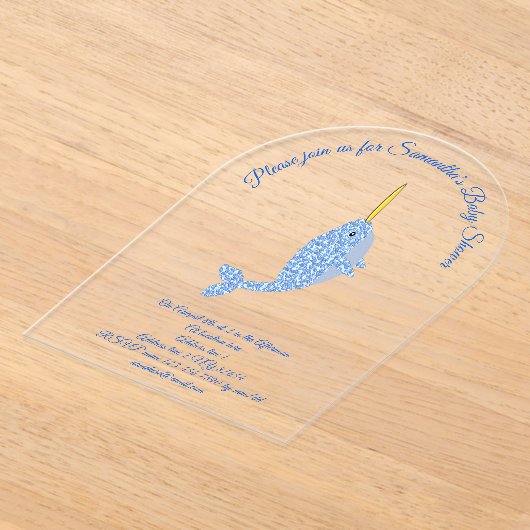 キュートブルー男の赤ちゃんナルファルカスタムベビーシャワー アクリル招待状 (レイダウン)