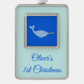 ]キュートブルー男の赤ちゃんナルファルカスタム初めてのクリスマス シルバープレートフレームオーナメント (正面)