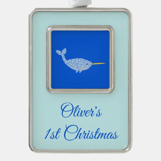 ]キュートブルー男の赤ちゃんナルファルカスタム初めてのクリスマス シルバープレートフレームオーナメント (正面)