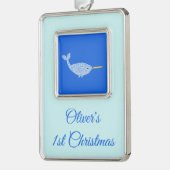 ]キュートブルー男の赤ちゃんナルファルカスタム初めてのクリスマス シルバープレートフレームオーナメント (左)