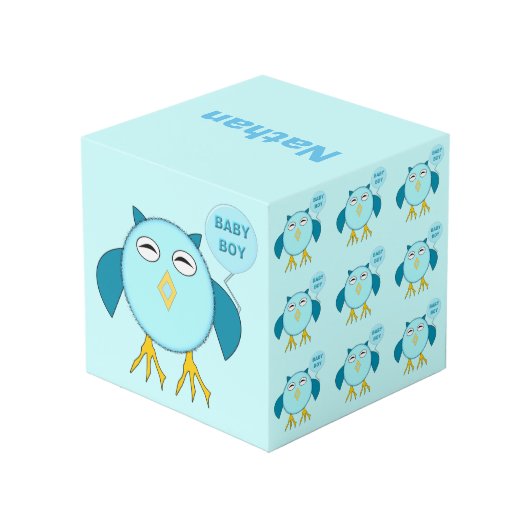 キュートブルー男の赤ちゃんフクロウパーソナライズされた フォトキューブ (裏面アングル)