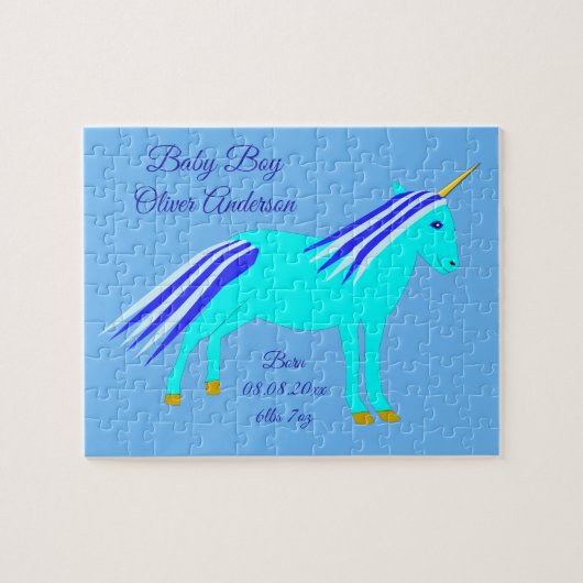 キュートブルー男の赤ちゃんユニコーンカスタム新生児 ジグソーパズル (横)