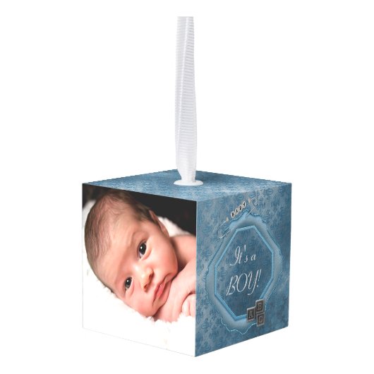 キュートブルー男の赤ちゃん写真テンプレート キューブオーナメント (裏面アングル)