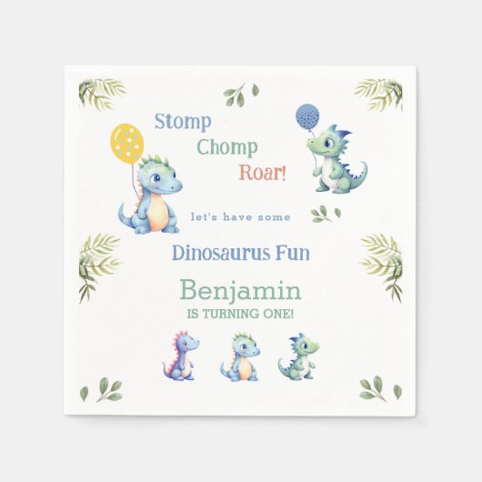 キュートブルー男の赤ちゃん恐竜1st誕生日パーティー スタンダードカクテルナプキン (正面)