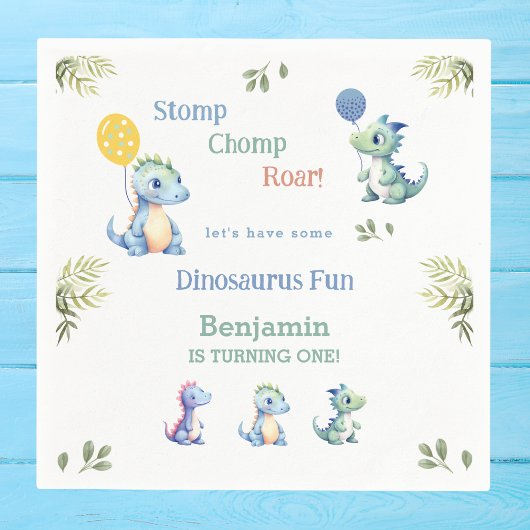 キュートブルー男の赤ちゃん恐竜1st誕生日パーティー スタンダードカクテルナプキン