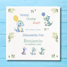 キュートブルー男の赤ちゃん恐竜1st誕生日パーティー スタンダードカクテルナプキン