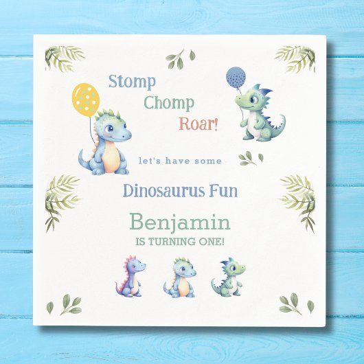 キュートブルー男の赤ちゃん恐竜1st誕生日パーティー スタンダードカクテルナプキン