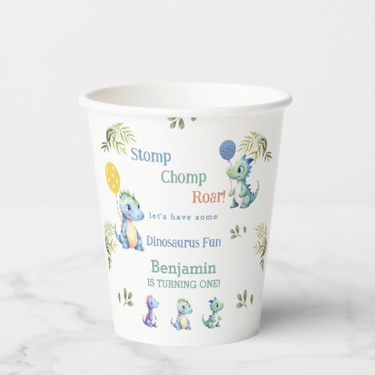 キュートブルー男の赤ちゃん恐竜1st誕生日パーティー 紙コップ (正面)