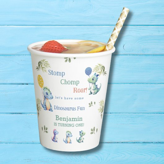 キュートブルー男の赤ちゃん恐竜1st誕生日パーティー 紙コップ