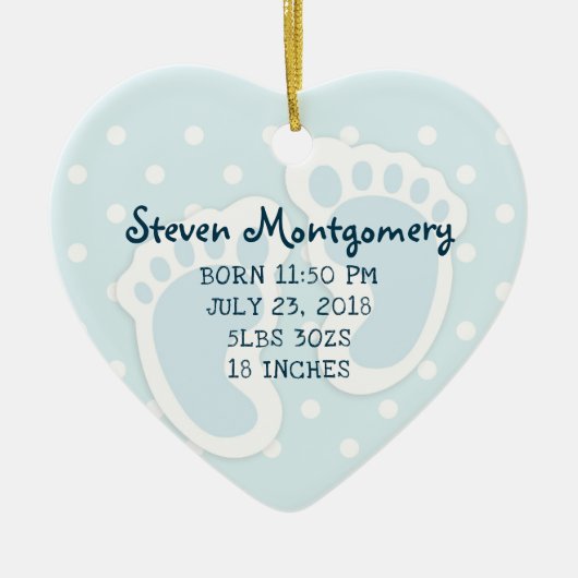 キュートブルー男の赤ちゃん足イラストレーション セラミックオーナメント (正面)