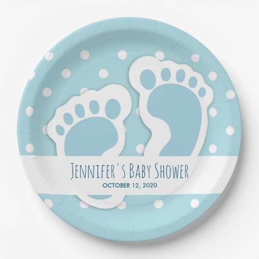 キュートブルー男の赤ちゃん足イラストレーション ペーパープレート (正面)