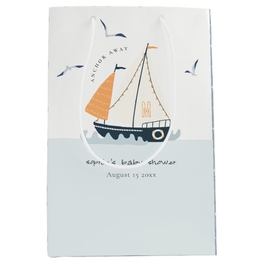 キュートブルー航海のセイボートパステルベビーシャワー ミディアムペーパーバッグ (正面)