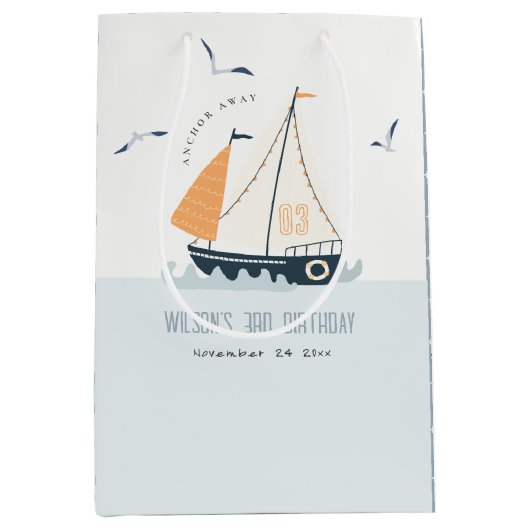 キュートブルー航海のセイボートパステル子供の誕生日 ミディアムペーパーバッグ (正面)