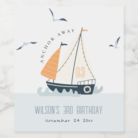 キュートブルー航海のセイボートパステル子供の誕生日 ワインラベル (シングルラベル)