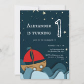 キュートブルー航海のセイボートボーイファースト誕生日 招待状 (正面)
