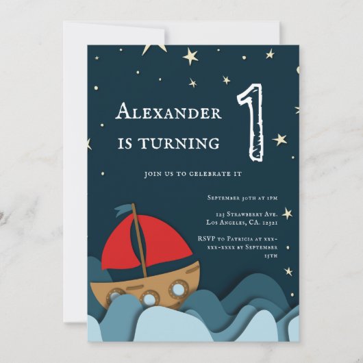 キュートブルー航海のセイボートボーイファースト誕生日 招待状 (正面)