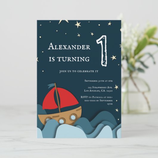 キュートブルー航海のセイボートボーイファースト誕生日 招待状 (スタンド正面)