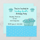 キュートブルー誕生日カップケーキ招待状 招待状 (正面/裏面)