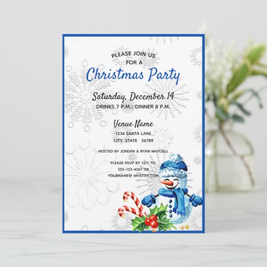 キュートブルー雪だるまクリスマスパーティの招待状 招待状 (スタンド正面)