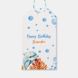 キュートブルー&オレンジコーラルドルフィン子供の誕生日 ギフトタグ