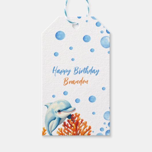 キュートブルー&オレンジコーラルドルフィン子供の誕生日 ギフトタグ (正面)