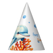 キュートブルー&オレンジコーラルドルフィン子供の誕生日 パーティーハット (左)