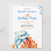 キュートブルー&オレンジコーラルドルフィン子供の誕生日 招待状 (正面)